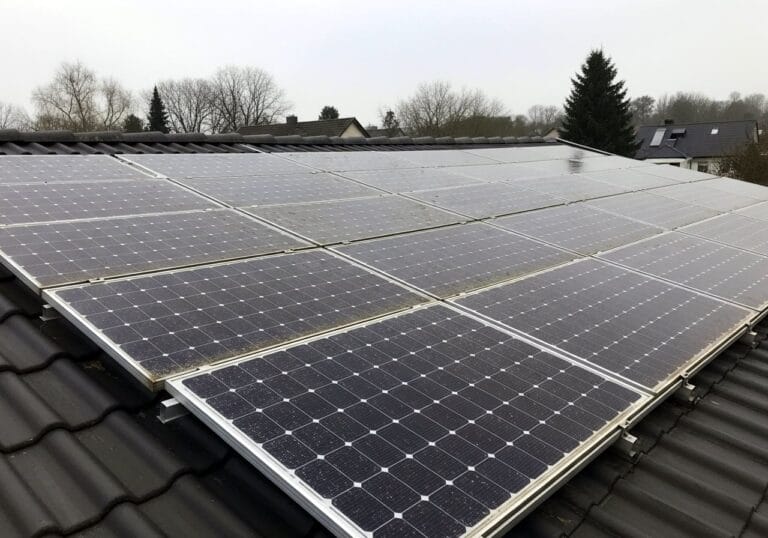 Reihen von Solarmodulen einer alten PV-Anlage sind auf einem schrägen Wohnhausdach unter bedecktem Himmel installiert.