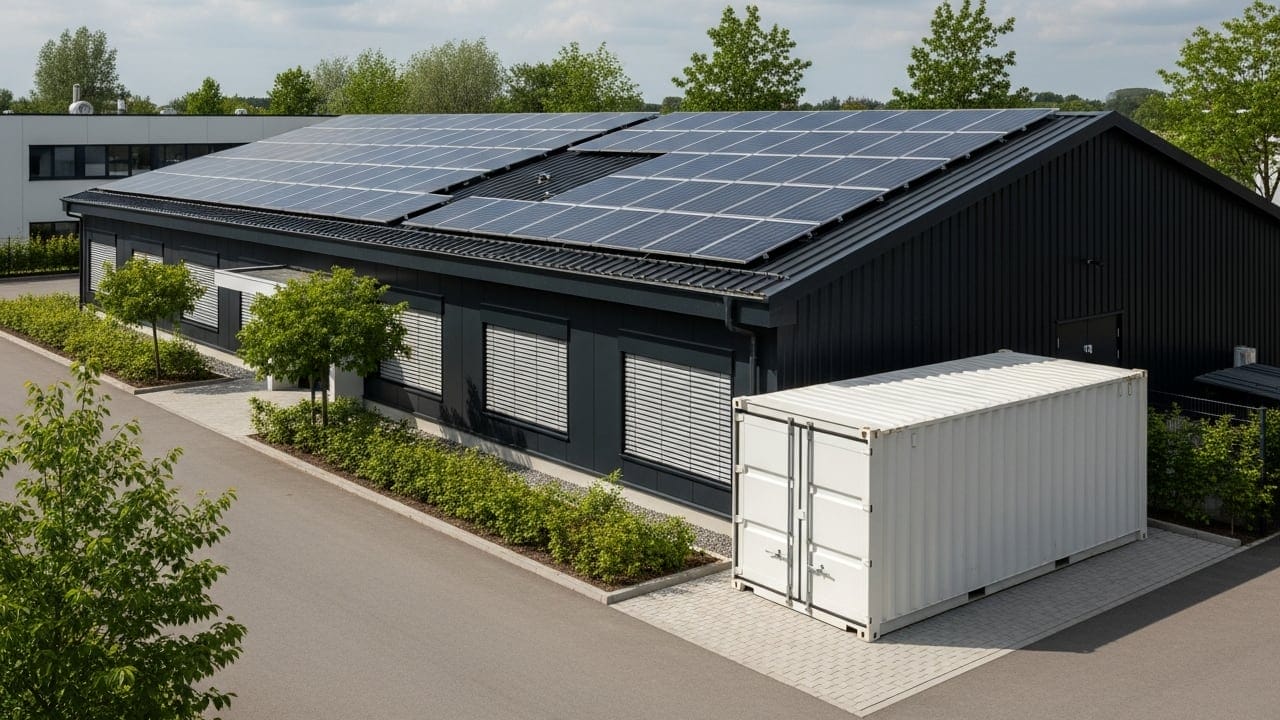 Ein schwarzes Industriegebäude mit Solarmodulen auf dem Dach, das als PV-Kraftwerk dient. Neben dem Gebäude steht ein großer weißer Container, in dem ein Gewerbespeicher steht.