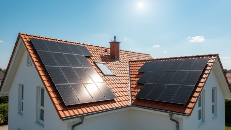 Ein Haus mit mehreren Solarmodulen auf dem Schrägdach bei strahlend blauem Himmel und Sonnenschein, das die optimale Dachausrichtung für maximale Solarenergiegewinnung einer PV-Anlage zeigt.