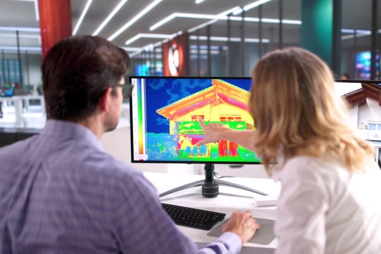 Zwei Ingenieure analysieren das Wärmebild eines Hauses, um den möglichen Verbrauch, den Autarkiegrad und die Wirtschaftlichkeit zu simulieren.