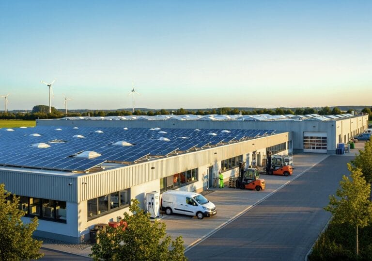 Ein großes Industriegebäude mit Solarpanels auf dem Dach. Ein Firmenfahrzeug wird über eine Ladesäule geladen. Mehrere Elektro-Gabelstapler im Freien und Windturbinen im Hintergrund. Ein Schaufenster der Energielösungen für Unternehmen aus erneuerbaren Energien von autarxia.