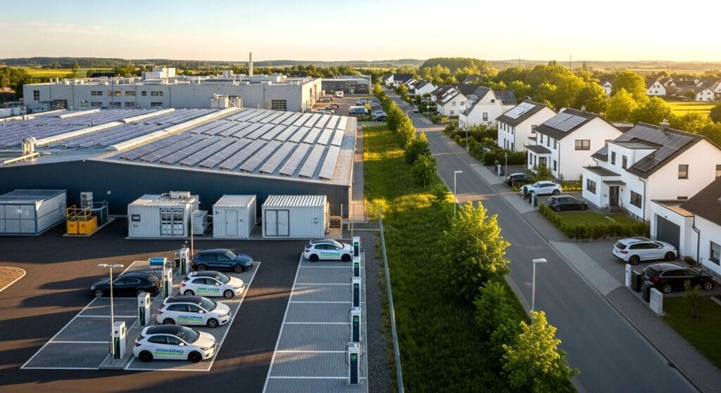 Ein modernes Vorstadtviertel mit weißen Häusern und Sonnenkollektoren, neben einem Industriegebäude mit erneuerbaren Energielösungen von autarxia.