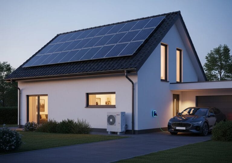 Modernes Haus in der Abenddämmerung mit einem autarxia Heimkraftwerk, bestehend aus einer PV-Anlage, einer Wallbox, dass Elektrofahrzeug auflädt, und einer Wärmepumpe.