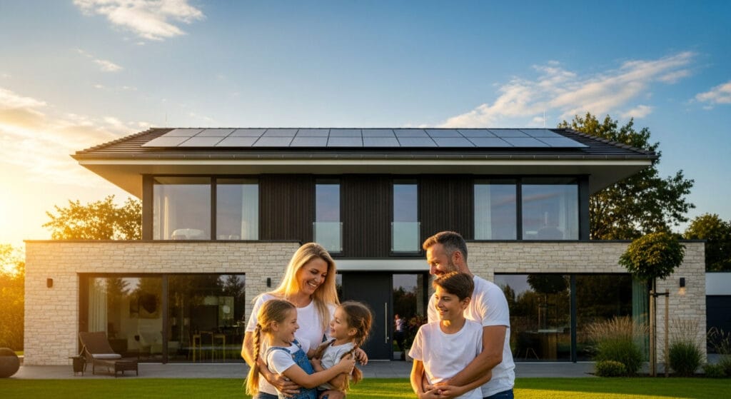 Eine fünfköpfige Familie steht lächelnd vor einem modernen zweistöckigen Haus mit Solarmodulen auf dem Dach, das ihre resiliente Energieversorgung bei Sonnenuntergang demonstriert.