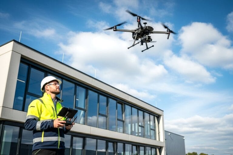 Ein Ingenieur steuert eine Drohne mit einer Fernbedienung vor einem modernen Glasgebäude, um die Gebäudesituation mit professioneller Lasermesstechnik und Fotografie zu erfassen.
