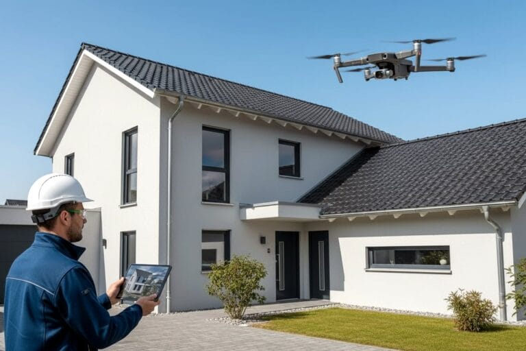 Ein Ingenieur steuert eine Drohne mit einer Fernbedienung vor einem modernen Einfamilienhaus, um die Gebäudesituation mit professioneller Lasermesstechnik und Fotografie zu erfassen.