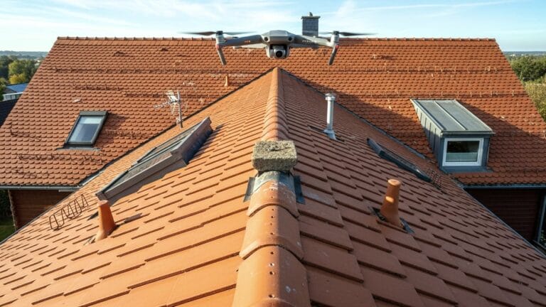 Nahaufnahme einer Drohne, die über dem Hausdach schwebt. Dachanalyse mit Lasermessung zur Layout-Planung einer PV-Anlage.