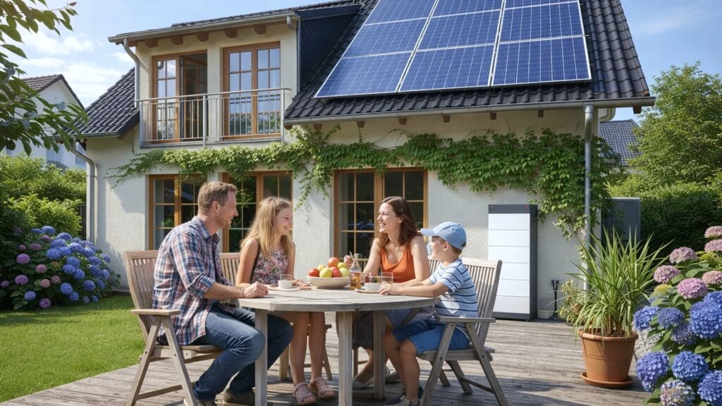 Eine vierköpfige Familie sitzt an einem Holztisch im Freien und isst Obst, vor einem Haus mit Solarmodulen auf dem Dach und einer begrünten Veranda. An der Hauswand steht ein Batteriespeicher als Teil einer PV-Anlage mit Speicher.